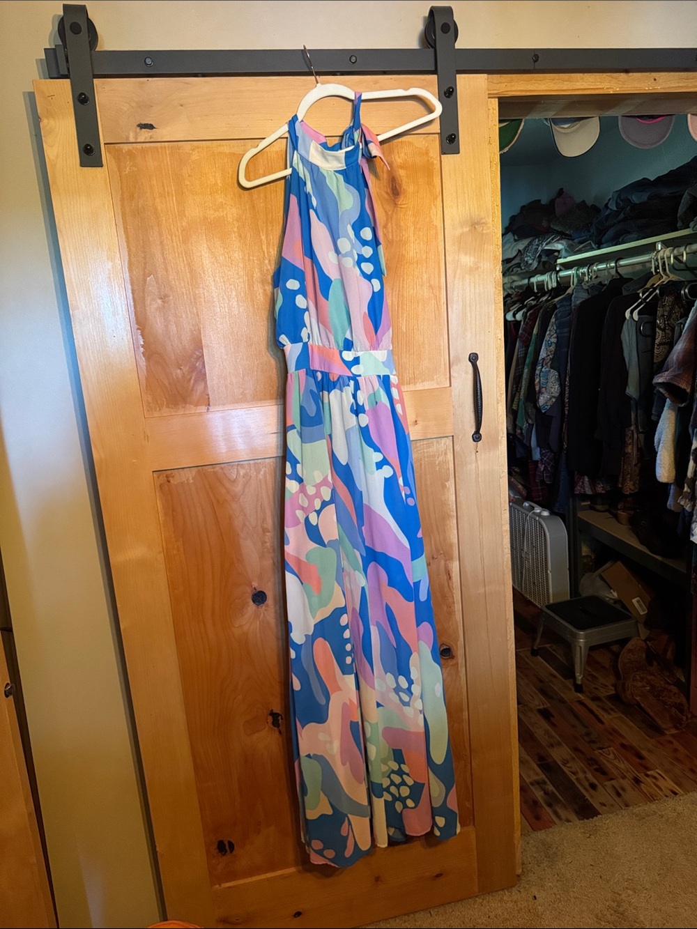 Flying Tomato Halter Maxi Dress in Blue and Pink Abstract Print
